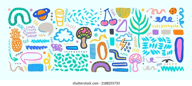 Hand drawn grunge doodles set. Big collection of abstract modern elements and shapes. Pineapple, cherry, mushroom, coffee.