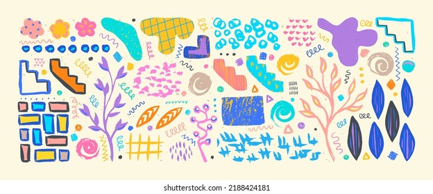 Hand drawn grunge doodles set. Big collection of abstract modern elements and shapes. Ethnic ornaments set. Tribal doodles.