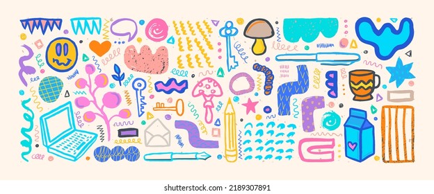 Juego de garabatos grunges dibujados a mano. Gran colección de elementos y formas abstractas y modernas. Los doodles modernos de estilo de vida.