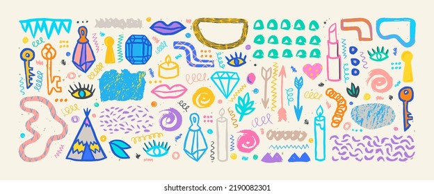 Juego de garabatos grunges dibujados a mano. Gran colección de elementos y formas abstractas y modernas. Doodles granujas al estilo Boho.