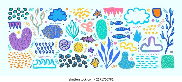 Hand drawn grunge doodles set. Big collection of abstract modern elements and shapes. Tropical vacation. Underwater fish, shells and plants.