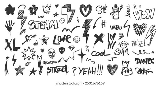 Hand drawn grunge elements. Black phrases words urban city symbols hearts and arrows. Lightning decorative design, skull crown and paint spray vector set