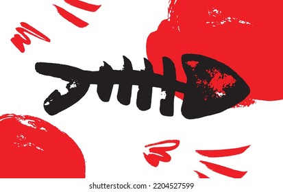 Hand drawn grunge fish skeleton, vector illustration