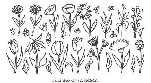 Hand drawn grunge flowers and leaves set. Charcoal tattoo poppy, tulip, daisy doodle monochrome. Floral chamomile and marguerite kids chalk style shape. Vector pencil illustration on white background.