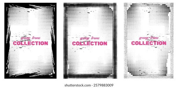  Hand drawn Grunge frame set. Banner halftone overlay. Design for poster, invitation, gift card, coupon, book cover. Retro vintage background, or Vintage frame pattern .Retro grunge frame.