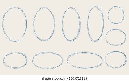 Hand drawn grunge frame set. Chalk scribble pencil texture doodle freehand oval borders collection. Different sizes: wedding invitation, greeting card, postcard design. Vintage vector illustration