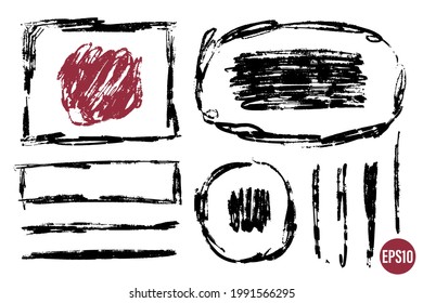 Hand drawn grunge frames and shapes. Paint strokes as graphic resources. Set of ink brush painted backdrops for designs.