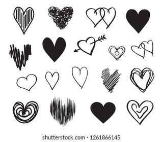 Hand drawn grunge hearts on isolated white background. Set of love signs. Unique image for design. Line art creation. Black and white illustration. Elements for poster or flyer