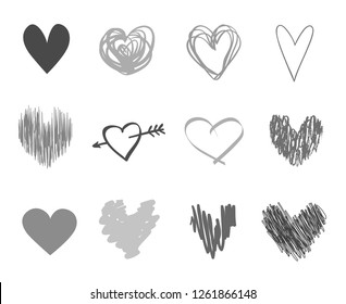 Hand drawn grunge hearts on isolated white background. Set of love signs. Unique image for design. Line art creation. Black and white illustration. Elements for poster or flyer