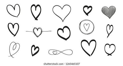 Hand drawn grunge hearts on isolated white background. Set of love signs. Unique image for design. Black and white illustration. Elements for design