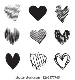 Hand drawn grunge hearts on isolated white background. Set of love signs. Unique image for design. Black and white illustration. Elements for design