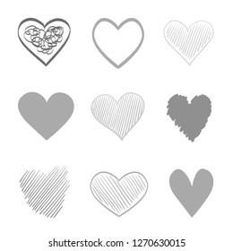 Hand drawn grunge hearts on isolated white background. Set of love signs. Unique signs for design. Black and white illustration. Doodles for flyers, greeting cards and banners. Creative art sketches