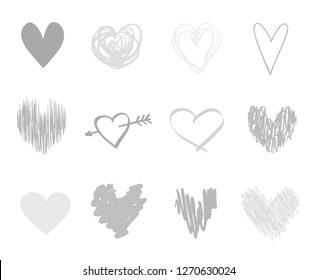 Hand drawn grunge hearts on isolated white background. Set of love signs. Unique signs for design. Black and white illustration. Doodles for flyers, greeting cards and banners. Creative art sketches