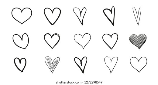 Hand drawn grunge hearts on isolated white background. Set of love signs. Unique signs for design. Black and white illustration. Doodles for flyers, greeting cards and banners. Creative art sketches