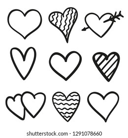 Hand drawn grunge hearts on isolated white background. Set of love signs. Unique image for design. Black and white illustration. Elements for design