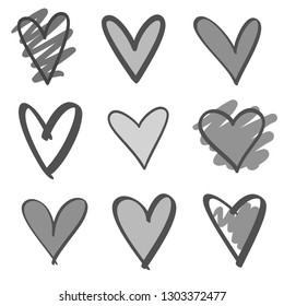 Hand drawn grunge hearts on isolated white background. Set of love signs. Unique image for design. Black and white illustration. Elements for design