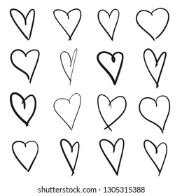 Hand drawn grunge hearts on isolated white background. Set of love signs. Unique image for design. Black and white illustration. Sketchy elements for design