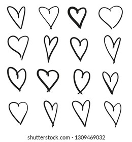 Hand drawn grunge hearts on isolated white background. Set of love signs. Unique image for design. Black and white illustration. Elements for design