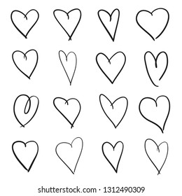 Hand drawn grunge hearts on isolated white background. Set of love signs. Unique image for design. Black and white illustration. Elements for design