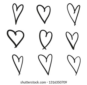 Hand drawn grunge hearts on isolated white background. Set of love signs. Unique image for design. Black and white illustration. Elements for design