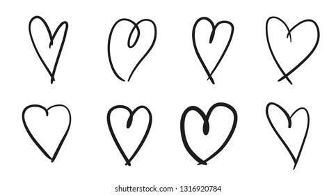 Hand drawn grunge hearts on isolated white background. Set of love signs. Unique image for design. Black and white illustration. Elements for design
