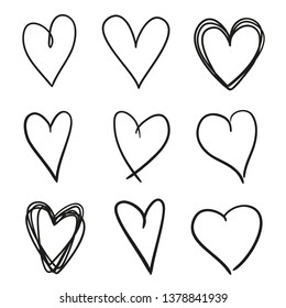 Hand drawn grunge hearts on isolated white background. Set of love signs. Unique image for design. Black and white illustration