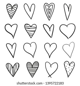 Hand drawn grunge hearts on isolated white background. Set of love signs. Unique image for design. Black and white illustration. Elements for design