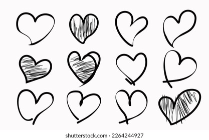 Hand drawn grunge hearts on isolated white background. Set of love signs, Elements love for design