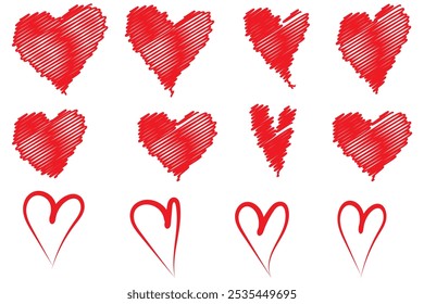 Hand drawn grunge hearts on isolated white background. Set of love signs. Unique image for design. Black and white illustration. Elements for design