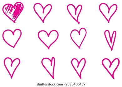 Hand drawn grunge hearts on isolated white background. Set of love signs. Unique image for design. Black and white illustration. Elements for design