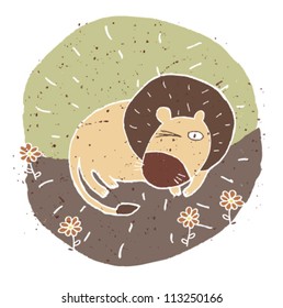 Hand drawn grunge illustration of cute sleepy lion on background