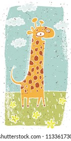Hand drawn grunge illustration of cute giraffe on background
