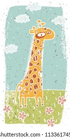 Hand drawn grunge illustration of cute giraffe on background