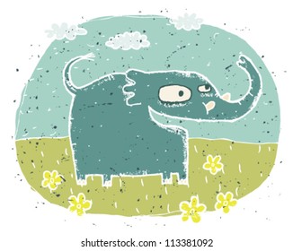 Hand drawn grunge illustration of cute elephant (happy) on background with flowers and clouds