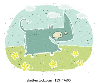 Hand drawn grunge illustration of cute rhino (smiling) on background with flowers and clouds