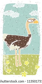 Hand drawn grunge illustration of cute ostrich on background with flowers and clouds
