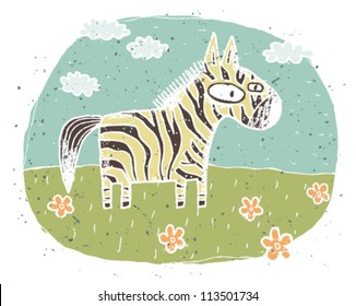 Hand drawn grunge illustration of cute zebra on background with flowers and clouds