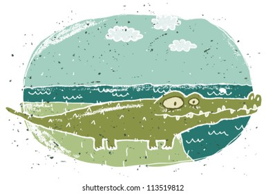 Hand drawn grunge illustration of cute crocodile on background