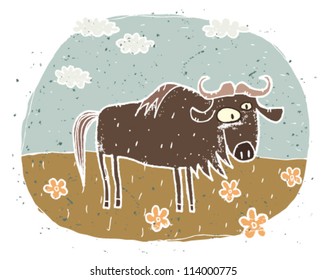 Hand drawn grunge illustration of cute gnu on background with flowers and clouds