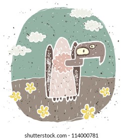 Hand drawn grunge illustration of cute vulture on background with flowers and clouds