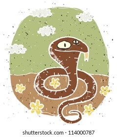 Hand drawn grunge illustration of cute cobra on background with flowers and clouds