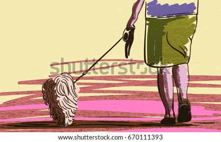 Hand drawn grunge illustration of female legs and dog on leash back view, Vector sketch colored in warm color palette