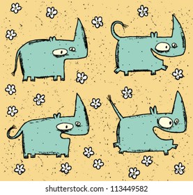 Hand drawn grunge illustration set of four cute rhinos and flowers