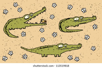 Hand drawn grunge illustration set of three cute crocodiles on floral background