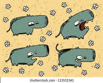 Hand drawn grunge illustration set of four cute hippos on background with flowers