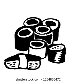 Hand drawn grunge ink brush susi set. Japanese kitchen modern vector illustration.