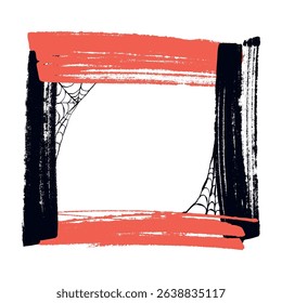 Hand Drawn Grunge Ink Brush Stroke with Spider Web for Halloween. Grunge frame for backdrops. Freehand doodle line borders