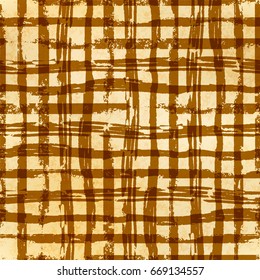 Hand drawn grunge ink grid on yellow old paper, seamless pattern