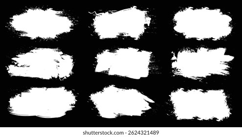 Hand drawn grunge ink splatter, brush strokes and lines, creative brush with rough edges. Abstract freehand doodle line borders. Black splashes isolated on black background.