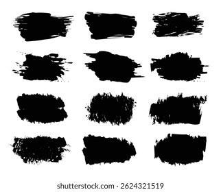 Hand drawn grunge ink splatter, brush strokes and lines, creative brush with rough edges. Abstract freehand doodle line borders. Black splashes isolated on black background.